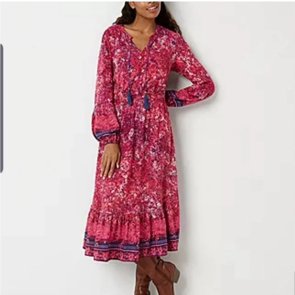 Frye and Co. Long Sleeve Peasant Canyon Cranberry Pink Blue Maxi Dress, Size 3x - Picture 1 of 6